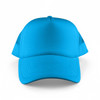 A bright blue five-panel trucker cap featuring a solid front and mesh sides, with a logo present.