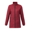 A burgundy lightweight packable insulated puffer jacket with a zip front and side pockets. Features a collar and logo.
