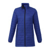 A blue women's puffer jacket with a zip front, high collar, and side pockets. It features a logo on the design.