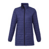 A women's lightweight packable insulated puffer jacket in navy blue with a zip closure and side pockets.