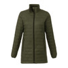 A lightweight, packable insulated puffer jacket in olive green with a zip front and two side pockets.