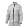 A lightweight, packable puffer jacket in silver with a zip front and high collar, featuring a logo on the sleeve.
