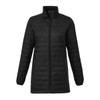 A black women's lightweight packable insulated puffer jacket featuring a zippered front and side pockets.