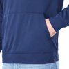 A men's navy eco knit hoody featuring a front pocket and a subtle logo, part of the jumpers category.