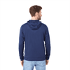 A navy blue men's hoodie featuring a drawstring hood and a logo on the back, made from eco-friendly knit fabric.
