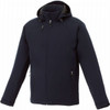 A navy blue insulated softshell jacket with a hood, featuring two side pockets and a front zip closure.