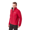 A red insulated puffer jacket for men, featuring a high collar and a logo, displayed on a smiling model.