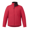 A red insulated puffer jacket with a high collar, zip closure, and zippered pockets. It features a logo on the side.