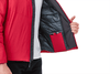A red insulated puffer jacket with a black lining, featuring an interior pocket for storage.