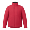 A red insulated puffer jacket for men, featuring a high collar and zippered pockets, with a logo.
