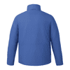 A blue insulated puffer jacket for men, featuring a high collar and a logo on the side.