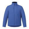 A blue insulated puffer jacket for men featuring a high collar and multiple pockets. It has a logo on the front.