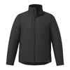 A black insulated puffer jacket featuring a high collar and multiple zip pockets, with a logo on it.