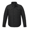 A black insulated shacket featuring a button-up front and two chest pockets. It has a logo on the design.
