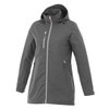 A women's rain jacket in grey with a hood and zippered pockets, featuring a sleek design and a branding logo.