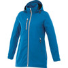 A women's rain jacket in vibrant blue, featuring a zip front and a hood. The jacket has a logo on it.