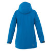 A women's rain jacket in bright blue, featuring a hood and a logo on the back.