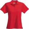 A red women's polo shirt with a collar, featuring buttons and a logo on the side.