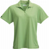 A light green women's polo shirt with a collar and a logo on the sleeve.