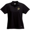 A black women's polo shirt with a collared design and a logo. Short sleeves for a casual look.