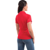 A red women's polo shirt, featuring short sleeves and a subtle logo, viewed from the back.
