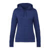 A navy blue women's hoodie with a front pocket and adjustable drawstring hood. It features a logo on the chest.