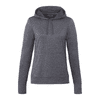 A grey women's hoodie with a drawstring hood and long sleeves, featuring a logo on the front.