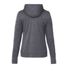 A women's dark grey eco knit hoodie with a hood and long sleeves, featuring a logo on the back.
