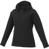 A black women's insulated softshell jacket with a hood, featuring zippered pockets and a subtle logo.