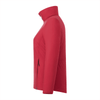 A red women's insulated puffer jacket with a high collar and zippered pockets, featuring a logo.