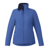 A blue insulated puffer jacket for women with a zip front and pockets, featuring a logo on the sleeve.