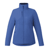 A blue insulated puffer jacket for women with a high collar and zippered pockets. Features a branding logo.