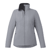 A grey women's packable insulated puffer jacket with a zip front and zippered pockets, featuring a collar and branding.