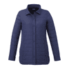A navy insulated shacket for women, featuring a button-up front and a sleek, quilted design. It has a brand logo.