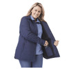 A navy insulated shacket with a zippered pocket, showcased by a smiling woman. It has a collar and buttons.
