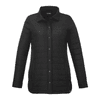 A black insulated shacket for women with a button-up front and side pockets. It features a branding logo.