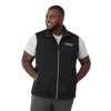 A black eco waterproof softshell vest featuring a zip front and side pockets, worn by a smiling man.