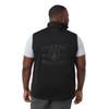 A black softshell vest featuring a logo on the back, designed for men's wear.