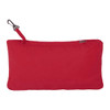 A red packable jacket neatly compressed into its own pouch, featuring a clip attachment and a logo.