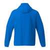 A blue men's packable rain jacket with a hood and long sleeves, featuring a logo on the back.