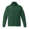 A green men's packable jacket with a hood, featuring a full zip and long sleeves. It has a logo on the front.