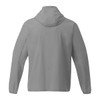 A grey packable rain jacket with a hood, featuring long sleeves and a back view. It includes a logo.