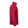 A red men's softshell jacket with a high collar and zippered pockets, featuring branding on the fabric.
