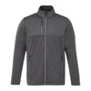 A men's softshell jacket in dark grey with a high collar and zippered pockets, featuring a logo on the chest.