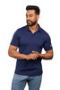 A navy blue men's polo shirt with a collar and short sleeves, featuring a branding logo on the sleeve.