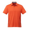 An orange short sleeve polo shirt with a collar and side panels, featuring a logo on the upper front.