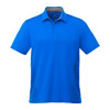 A bright blue men's polo shirt with short sleeves and a collar, featuring a subtle logo on the front.