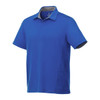 A blue short sleeve polo shirt featuring a contrasting grey collar and side panels, with a logo on the chest.