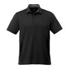 A black short sleeve performance polo shirt featuring a collar and side panel design. It has a logo on the upper chest.