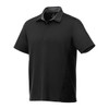 A black short sleeve performance polo shirt featuring a logo and textured side panels.